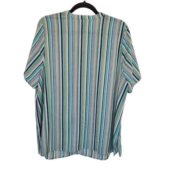 Catherines 0X Stretchy Stripe Button Down Short Sleeve Summer Blouse - Picture 2 of 9